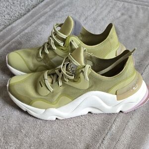 Adidas Olive and White Sneakers with Pink Accents